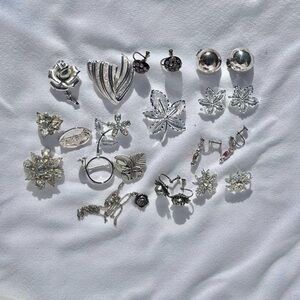 Assorted Vintsge Silver-Tone Pins, Clip Earrings, Necklace